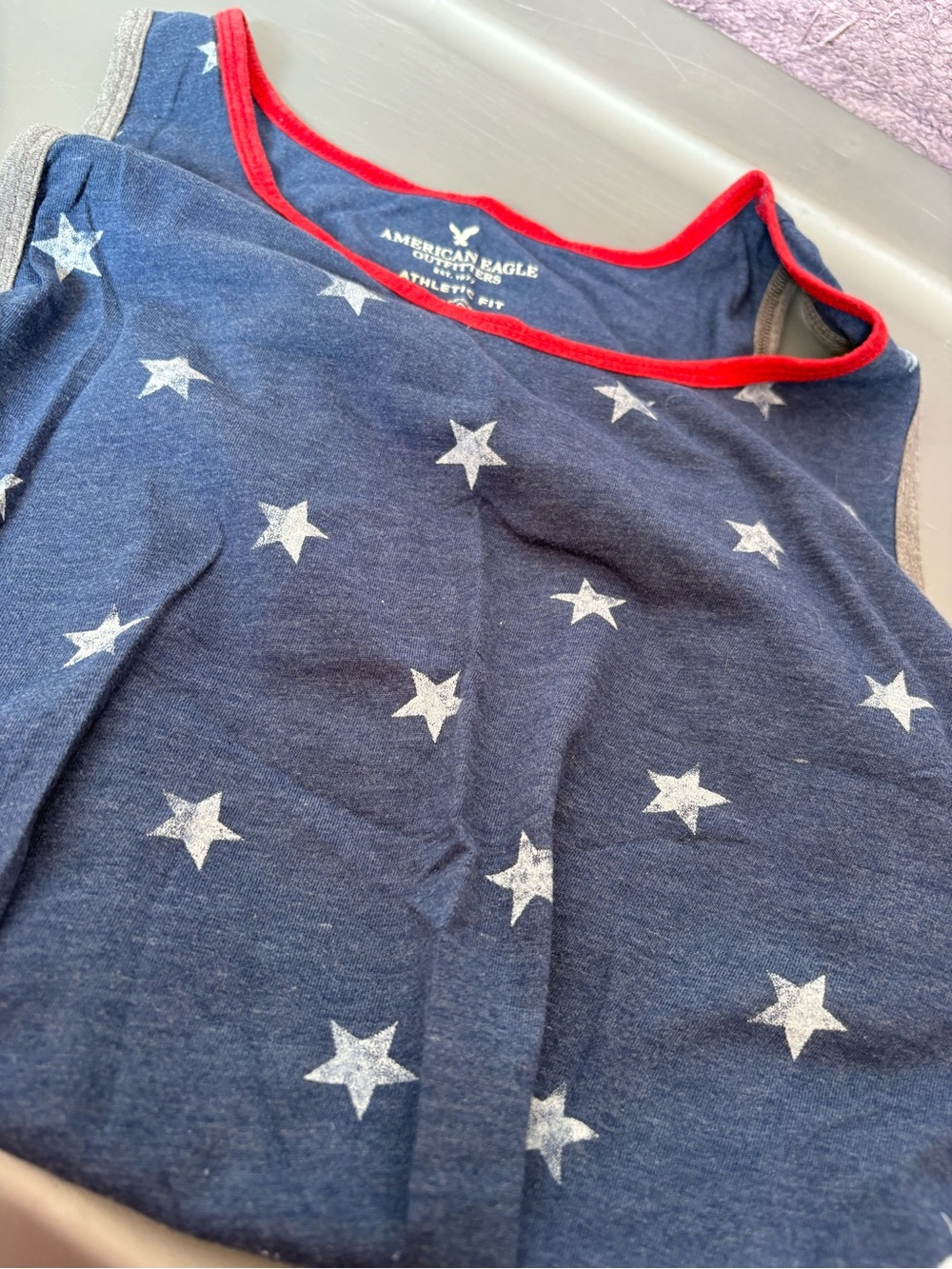 American Eagle Outfitters Navy Star Print Tank with Red Trim
